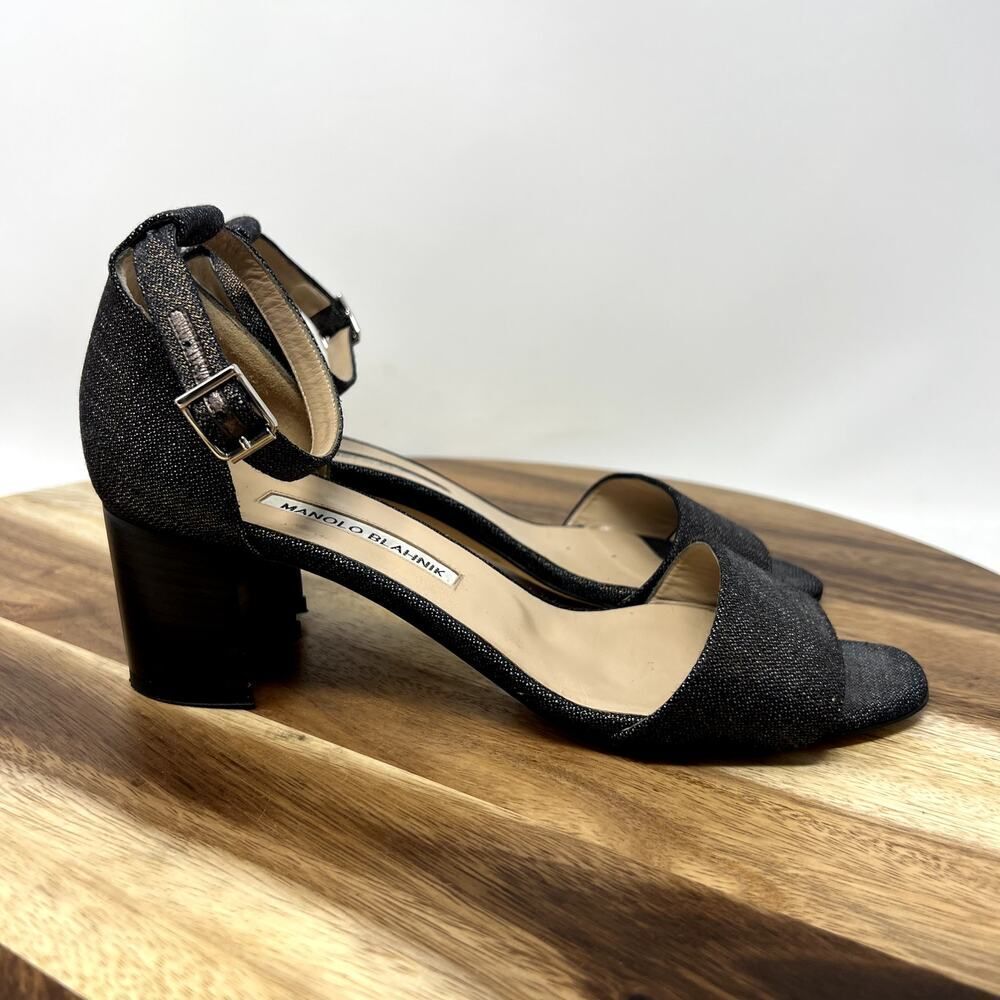 Manolo Blahnik Sz 39 Us 9 Lauratomod Denim Ankle Wrap Sandal Metallic Wash